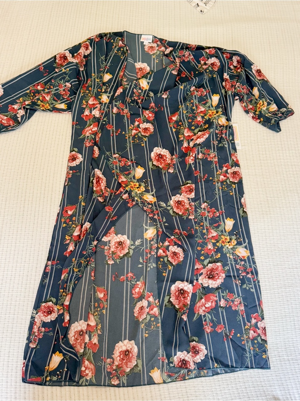 LuLaRoe Shirley kimono Open-Front Duster in blue, maroon, white, yellow